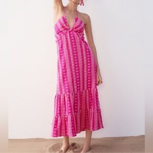 ZARA Maxi Pink Dress with White Detailing